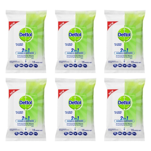 Dettol 2 in 1 Hands & Surfaces Anti-Bacterial Wipes 15 Wipes Pack of 6