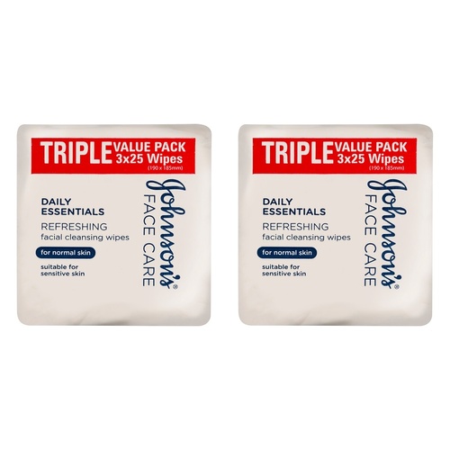 Johnson's Face Care Cleansing Wipes for Normal Skin 25 Wipes Triple Bundle of 2