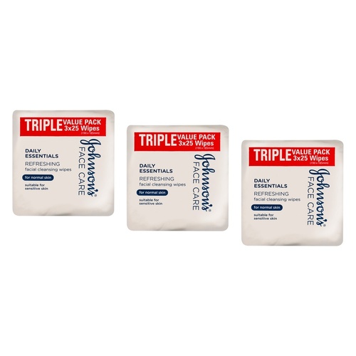 Johnson's Face Care Cleansing Wipes for Normal Skin 25 Wipes Triple Bundle of 3