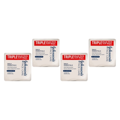 Johnson's Face Care Cleansing Wipes for Normal Skin 25 Wipes Triple Bundle of 4