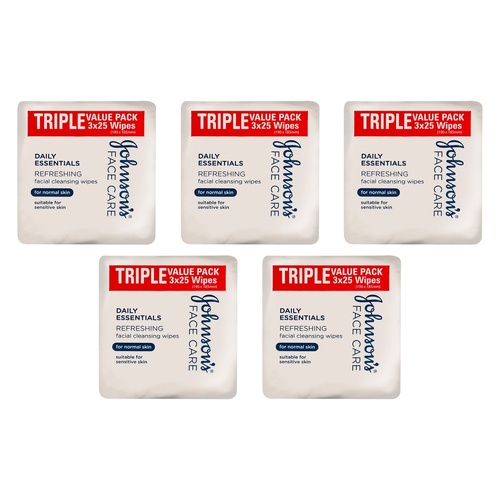 Johnson's Face Care Cleansing Wipes for Normal Skin 25 Wipes Triple Bundle of 5