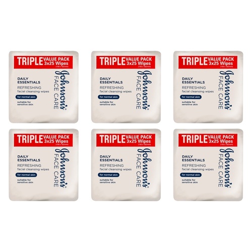Johnson's Face Care Cleansing Wipes for Normal Skin 25 Wipes Triple Bundle of 6