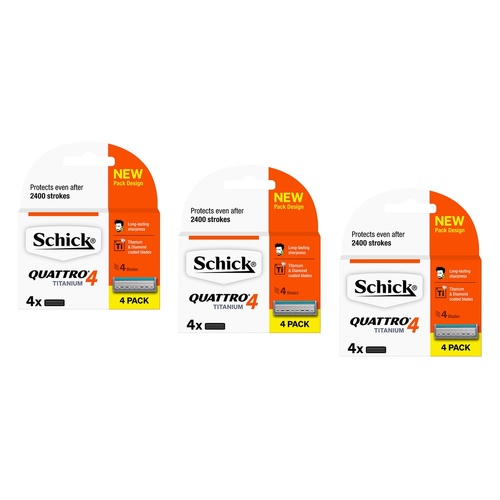 Schick Quattro Titanium 4 Blades Refill 4 Pack Bundle of 3