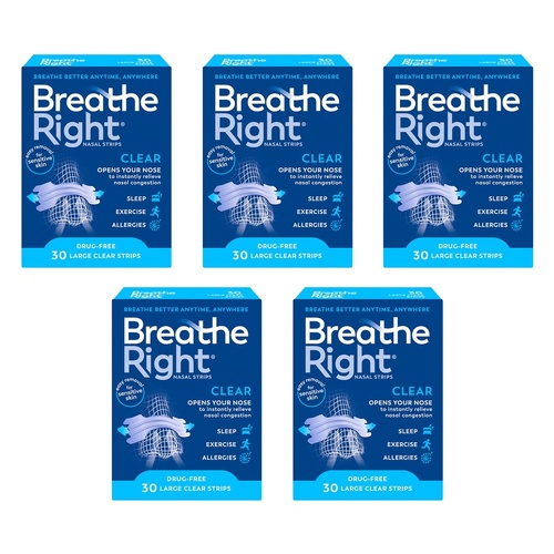 Breathe Right Nasal Strips Clear Large 30 Pack Bundle of 5