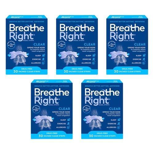 Breathe Right Nasal Strips Clear Regular 30 Pack Bundle of 5