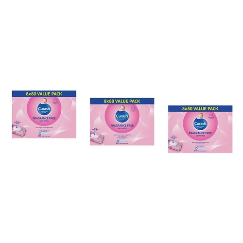 Curash Fragrance Free Baby Wipes 8 x 80 Pack Bundle of 3