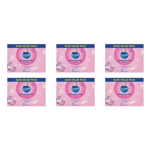 Curash Fragrance Free Baby Wipes 8 x 80 Pack Bundle of 6