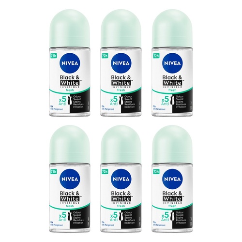 NIVEA Black & White Invisible Fresh 72H Anti-Perspirant 50mL Pack of 6