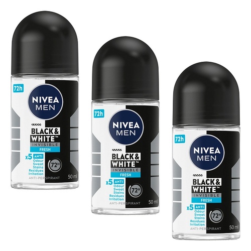 NIVEA MEN Black & White Invisible Fresh 72H Anti-Perspirant 50mL Pack of 3