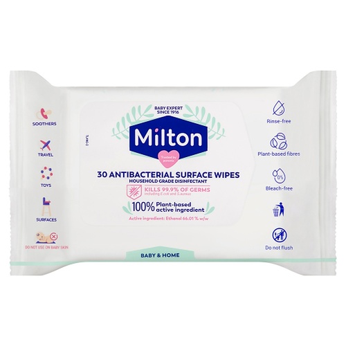Milton Antibacterial Surface Wipes, Rinse-Free, 30 Pack x 7