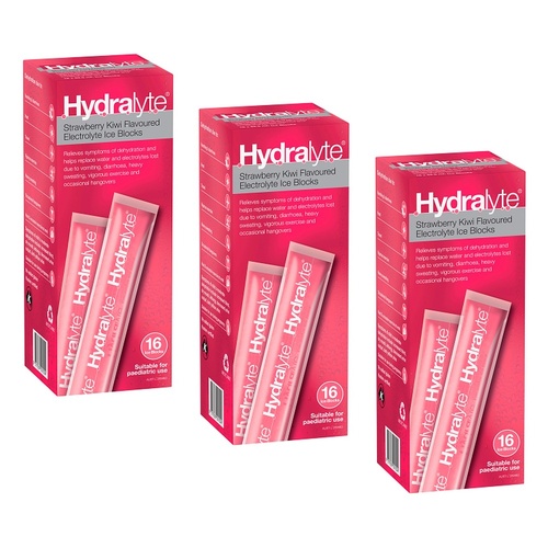 Hydralyte Strawberry Kiwi Flavoured Electrolyte Ice Blocks 16 Pack Bundle of 3