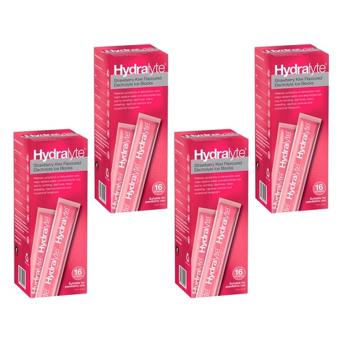 Hydralyte Strawberry Kiwi Flavoured Electrolyte Ice Blocks 16 Pack Bundle of 4