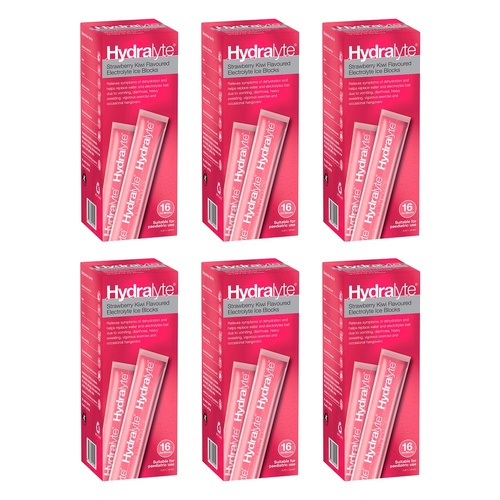 Hydralyte Strawberry Kiwi Flavoured Electrolyte Ice Blocks 16 Pack Bundle of 6