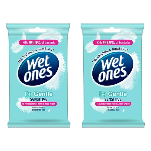Wet Ones Be Gentle Sensitive Antibacterial Hand & Face Wipes 15 Wipes Pack of 2