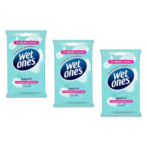Wet Ones Be Gentle Sensitive Antibacterial Hand & Face Wipes 15 Wipes Pack of 3