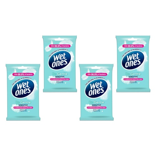 Wet Ones Be Gentle Sensitive Antibacterial Hand & Face Wipes 15 Wipes Pack of 4