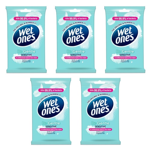 Wet Ones Be Gentle Sensitive Antibacterial Hand & Face Wipes 15 Wipes Pack of 5
