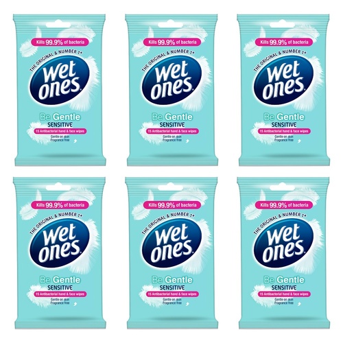 Wet Ones Be Gentle Sensitive Antibacterial Hand & Face Wipes 15 Wipes Pack of 6