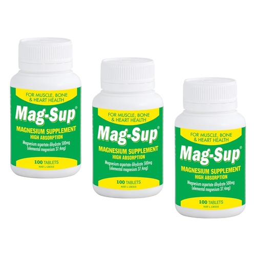 Mag-Sup Magnesium Supplement High Absorption 100 Tablets Pack of 3