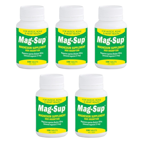 Mag-Sup Magnesium Supplement High Absorption 100 Tablets Pack of 5