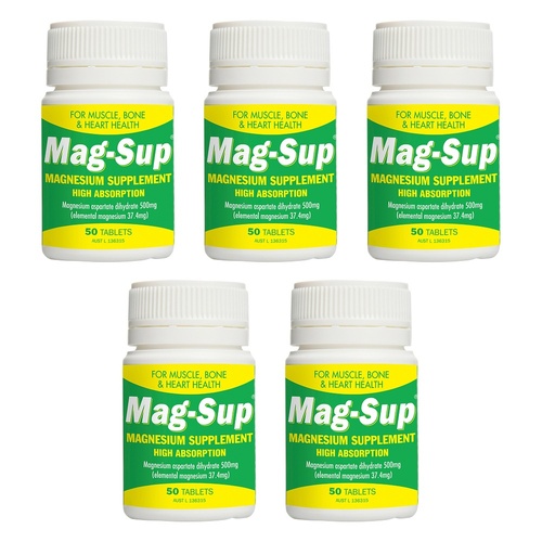 Mag-Sup Magnesium 500mg Tablets 50 Bottle Pack of 5