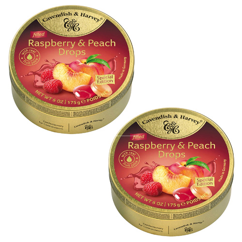 Cavendish & Harvey Raspberry Peach Filled Drops 2 x 175g Tin Sweets