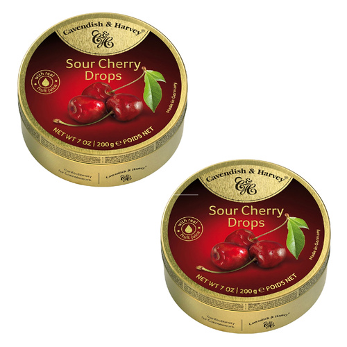 Cavendish & Harvey Sour Cherry Drops 200g Tin Candy Sweets 2 Pack
