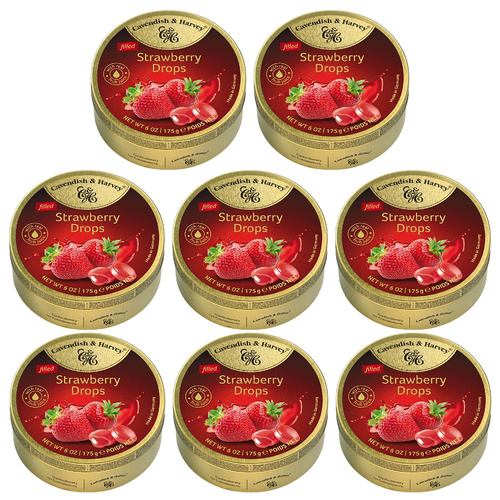 Cavendish and Harvey Strawberry Drops 175g Tin Sweets Candy Lollies x 8