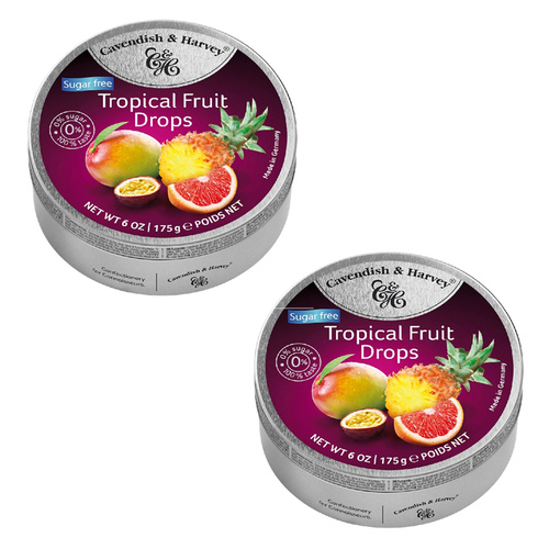 Cavendish & Harvey Tropical Fruit Drops 175g Tin Sugar Free Candy Pack of 2