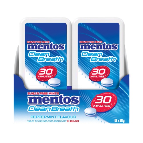 Mentos CleanBreath Peppermint Sugar Free Mints 21g Display of 12