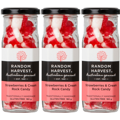 Random Harvest Strawberries and Cream Rock Candy 3 x 180g Glass Jars Gluten Free