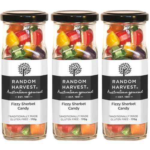 Random Harvest Fizzy Sherbet Candy 3 x 170g Glass Jars Gluten Free Vegan