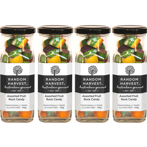 Random Harvest Assorted Fruit Rock Candy 4 Pack 170g Glass Jar Vegan Sweets