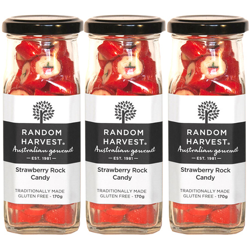Random Harvest Strawberry Rock Candy 3 x 170g Glass Jars Gluten Free Vegan