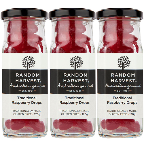 Random Harvest Traditional Raspberry Drops 3 x 170g Glass Jars Gluten Free