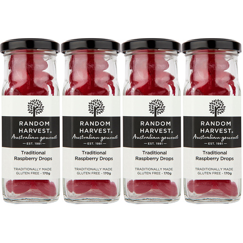 Random Harvest Raspberry Drops Candy 4 Pack 170g Glass Jar Vegan Australian Sweets