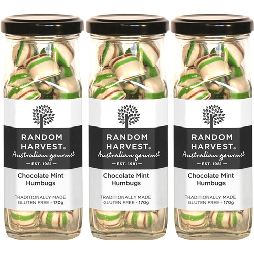 Random Harvest Chocolate Mint Humbugs Candy 3 x 170g Glass Jars