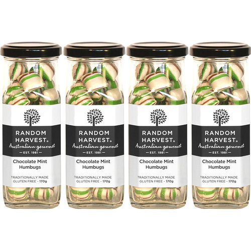 Random Harvest Chocolate Mint Humbugs 4 Pack 170g Glass Jar Vegan Sweets
