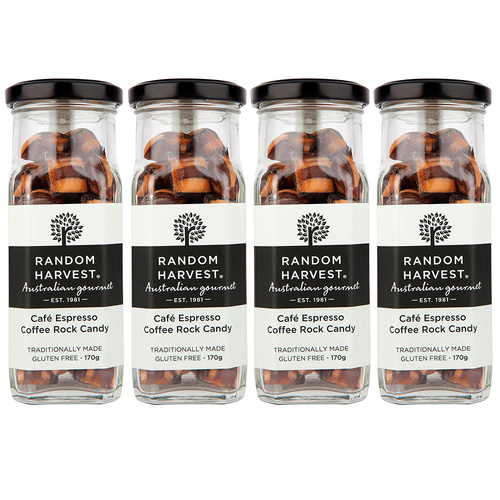 Random Harvest Cafe Espresso Rock Candy 4 x 170g Glass Jars Vegan Gluten Free