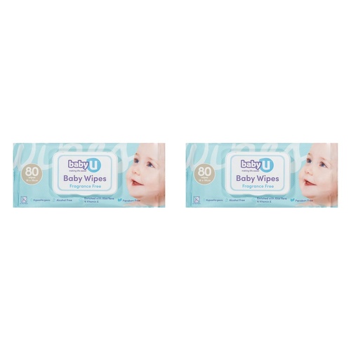Baby U Baby Wipes Fragrance Free 80 Wipes Pack of 2