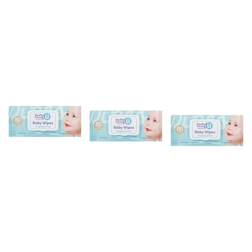 Baby U Baby Wipes Fragrance Free 80 Wipes Pack of 3