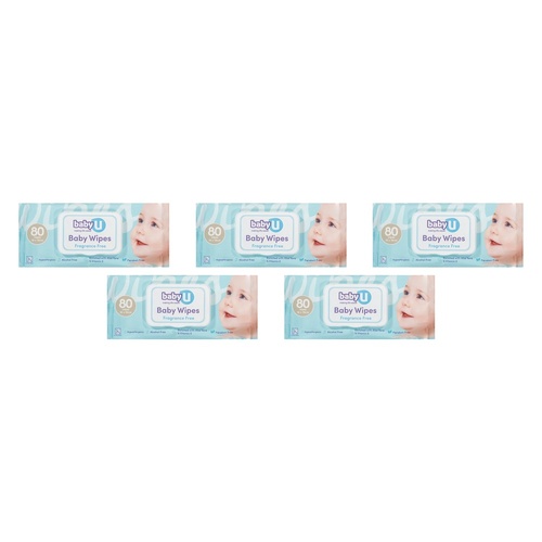 Baby U Baby Wipes Fragrance Free 80 Wipes Pack of 5