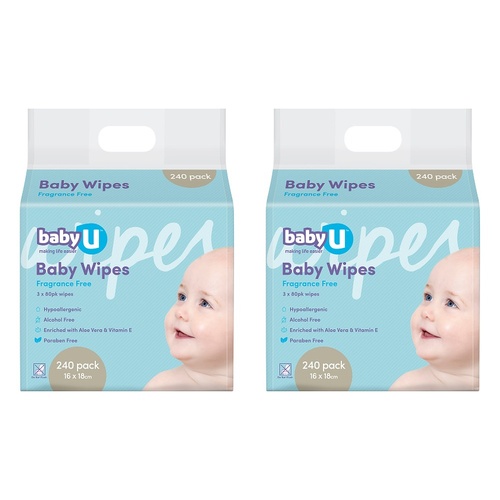 Baby U Baby Wipes Fragrance Free 240 Wipes Pack of 2