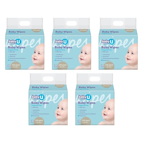 Baby U Baby Wipes Fragrance Free 240 Wipes Pack of 5