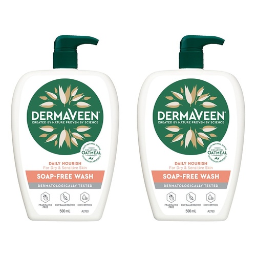 DermaVeen Daily Nourish Soap-Free Wash for Dry & Sensitive Skin 500mL Pack of 2