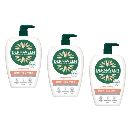 DermaVeen Daily Nourish Soap-Free Wash for Dry & Sensitive Skin 500mL Pack of 3