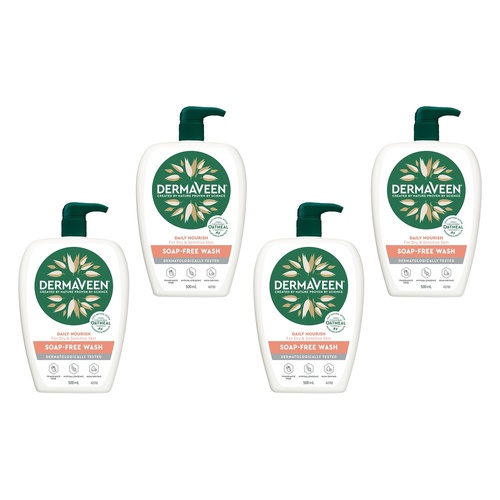 DermaVeen Daily Nourish Soap-Free Wash for Dry & Sensitive Skin 500mL Pack of 4