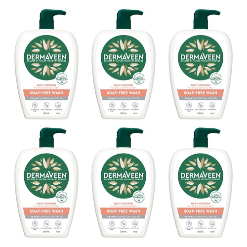 DermaVeen Daily Nourish Soap-Free Wash for Dry & Sensitive Skin 500mL Pack of 6