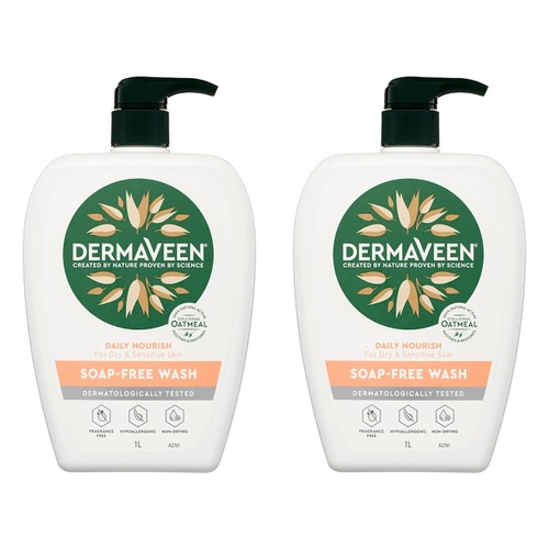 DermaVeen Daily Nourish Soap-Free Wash for Dry & Sensitive Skin 1L Pack of 2