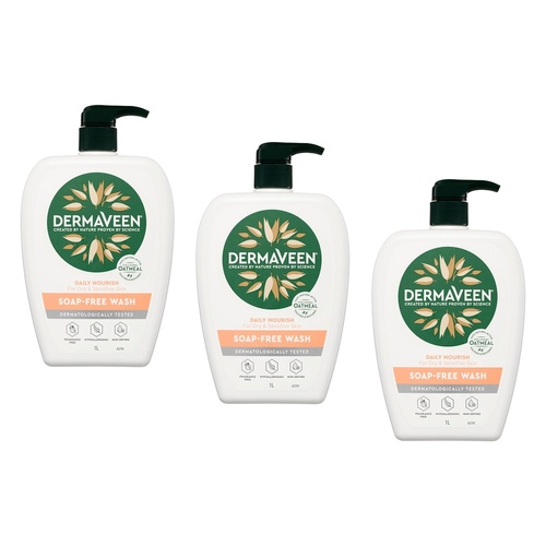 DermaVeen Daily Nourish Soap-Free Wash for Dry & Sensitive Skin 1L Pack of 3
